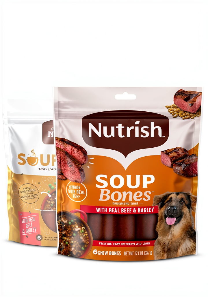 Gravy Train Beef Barley dog chews in resealable bag on a kitchen counter
