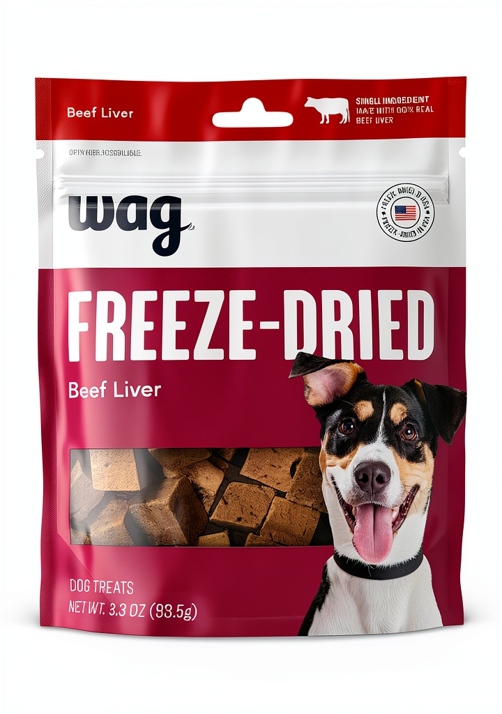 Freeze-dried beef liver dog treats in resealable pouch
