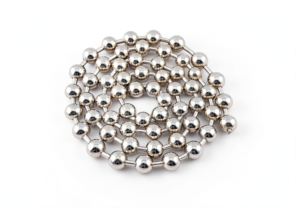Close-up of 12mm stainless steel ball chain showing bead details and connectors