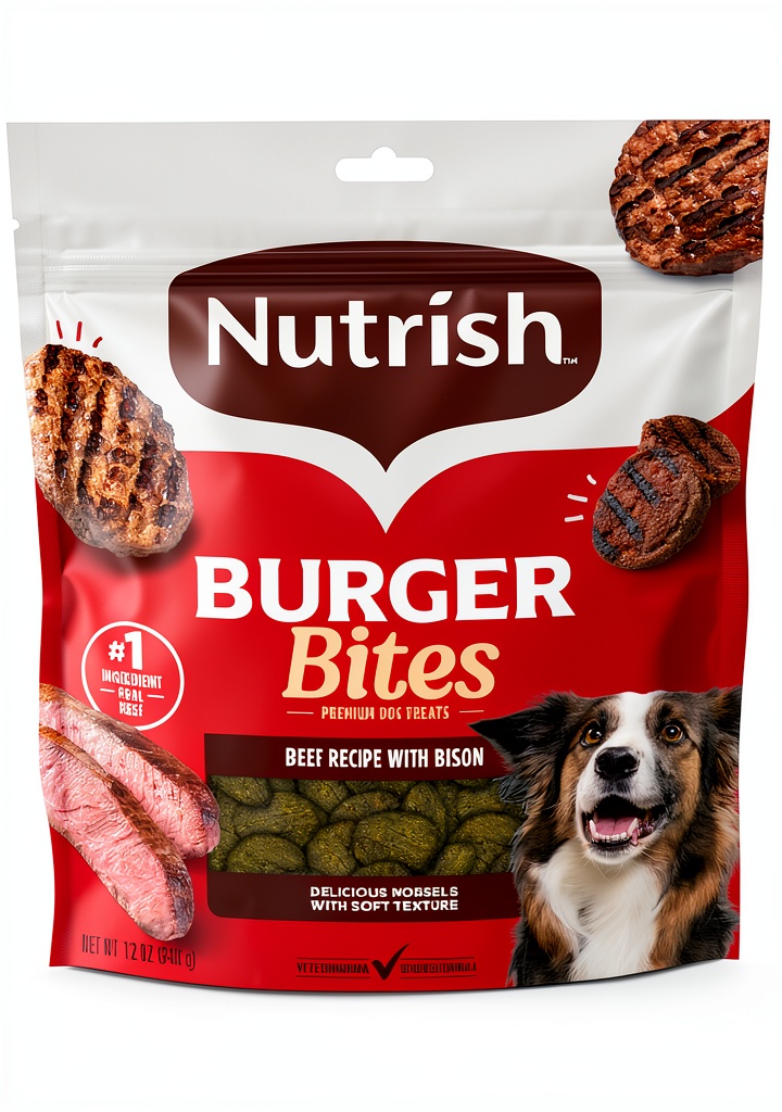Rachael Ray beef dog treats in resealable pouch on a festive background
