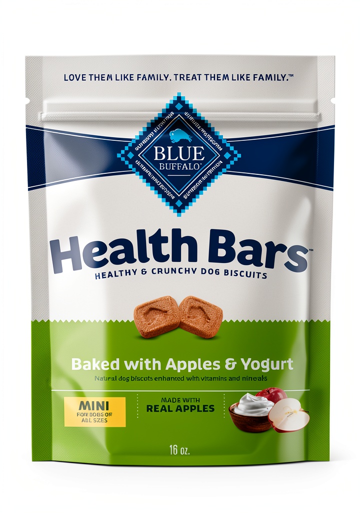 Blue Buffalo Mini Crunchy Dog Treats bag with apples and yogurt ingredients