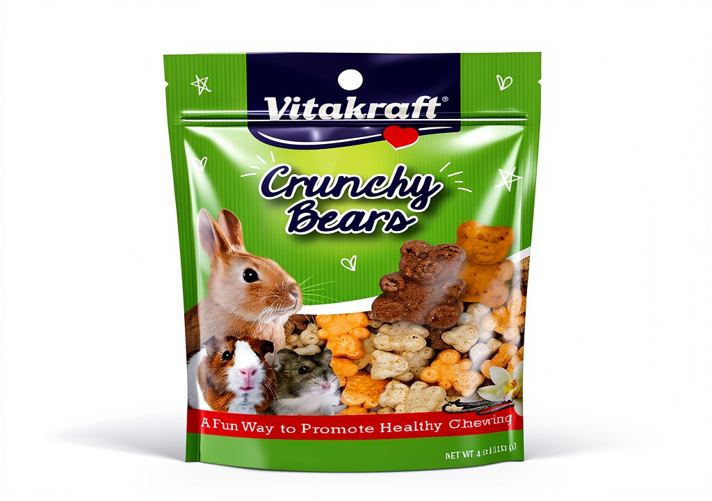 Vitakraft teddy bear treats package showing product dimensions