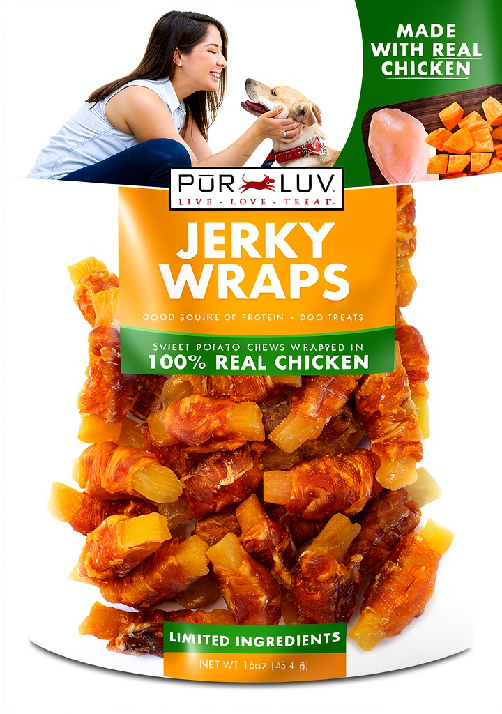 Pur Luv Jerky Wrapped Dog Treats package and treats displayed on a table