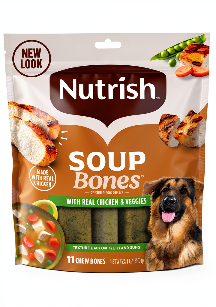 Nutrish Soup Bones dog treats in a resealable bag on a kitchen counter